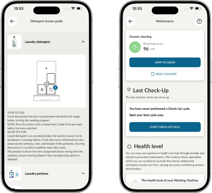 Pantallas de la aplicación hon para la guía sobre detergentes y mantenimiento