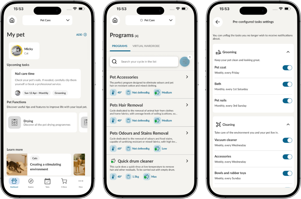 schermate dell'app hOn della homepgae, dei programmi disponibili e dei task da creare