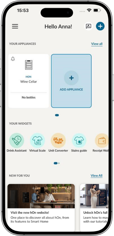 hOn homepage to add new appliances