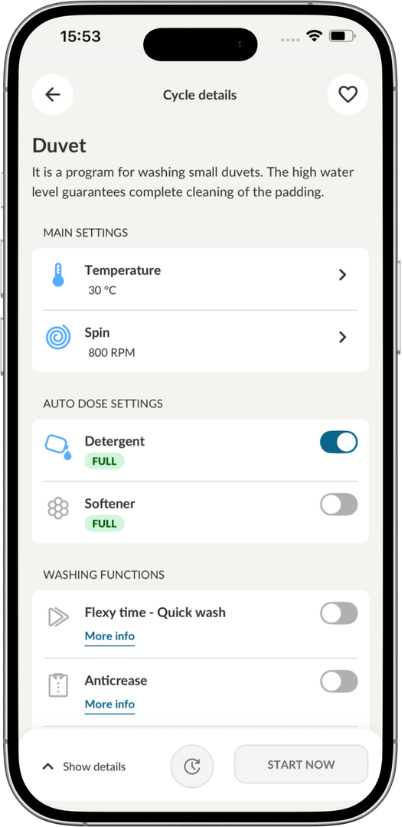 hOn app program to wash duvet in the washing machine